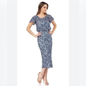 NWT JS Collections Lace Short Sleeve Blouson Midi Dress, Size4 Color: Navy/Multi